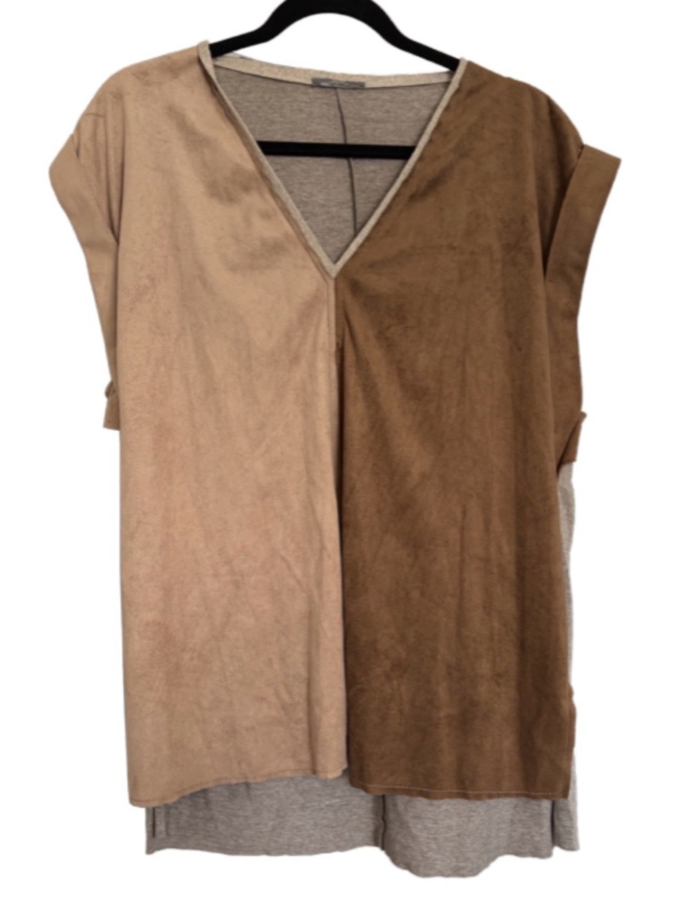 Zara Two Tone Faux Suede Top L Colorblock V Neck High Low Minimalist
